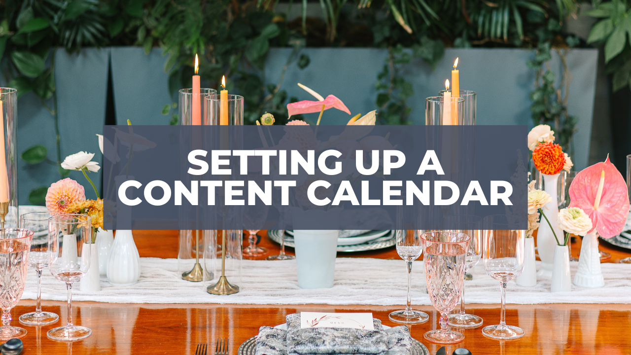 Setting Up A Content Calendar - Picture of Tablescape with light pinks, corals, colored taper candles, tropical flowers, monstera